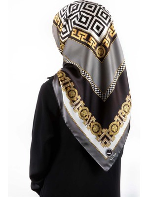 Violla Twill Çizgili Barok Desenli Gri Renkli 90X90 Eşarp (Ipek Içermez) Kenar Dikiş Şekli El Dikişli