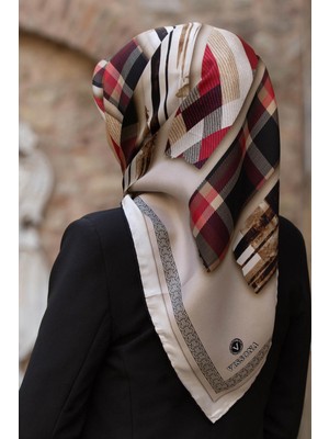 Vissona %100 Twill Ipek Ekose Desenli Bej - Kırmızı Renkli 90X90 Eşarp Dikim Şekli : El Dikişi
