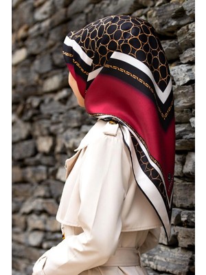 Vissona % 57 Ipek % 43 Viskon Twill Ipek Gold Halka Desenli Bordo - Siyah Renkli 90X90 Eşarp Dikim Şekli : El Dikişi