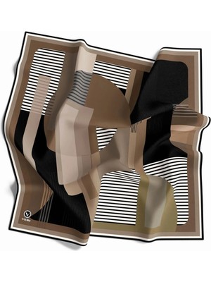 Violla Twill Çizgili ve Geometrik Desenli Bej Renkli 90X90 Eşarp (Ipek Içermez) Kenar Dikiş Şekli El Dikişli