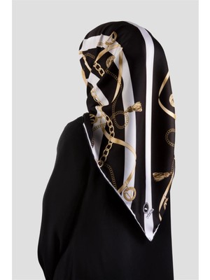 Violla Twill Çizgili Kemer ve Zinci Desenli Siyah Renkli 90X90 Eşarp (Ipek Içermez) Kenar Dikiş Şekli El Dikişli