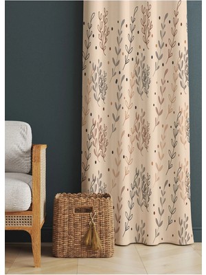 Alamodecor Yaprak ve Çiçek Desenli Krem Tonlarında Iskandinav Model Oturma Odası & Salon Fon Perde Tek Kanat
