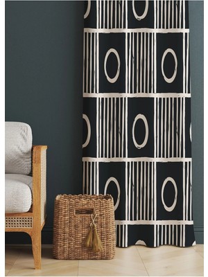 Alamodecor Siyah Beyaz Geometrik Desenli Oturma Odası § Salon Fon Perdesi Tek Kanat