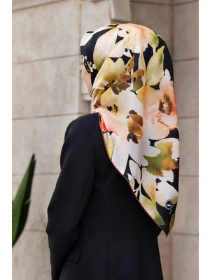 Violla Kristal Büyük Çiçek Desenli Taba Renkli 90X90 Eşarp (Ipek Içermez) Kenar Dikiş Şekli El Dikişli