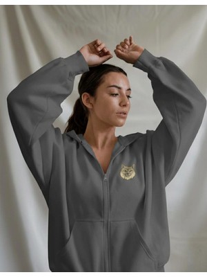 Muhtar Store Kadın Uzun Tüylü Kedi Baskılı Tam Boy Fermuarlı Oversize Hoodie