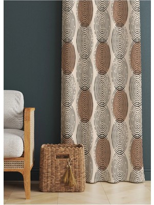 Alamodecor Krem ve Kahverengi Renk Geometrik Yuvarlak Etnik Desenli Baskılı Fon Perde (Tek Kanat)
