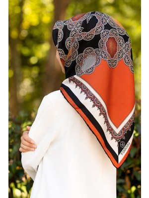 Vissona %100 Twill Türk Motifi  Desenli Siyah - Taba Renkli 90X90 Eşarp Dikim Şekli: El Dikişi