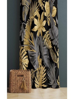 Alamodecor Gold Gri Yaprak Desen Elegant Model Tek Kanat Oturma Odası Salon Fon Perde