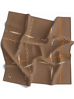 Violla Twill Zincir ve Kemer Desenli Bej Renkli 90X90 Eşarp (Ipek Içermez) Kenar Dikiş Şekli El Dikişli