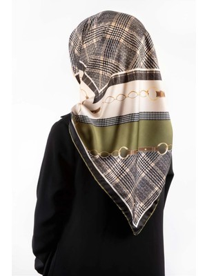 Violla Twill Kemer ve Zincir Detaylı Ekose Desenli Haki Renkli 90X90 Eşarp (Ipek Içermez) Kenar Dikiş Şekli El Dikişli