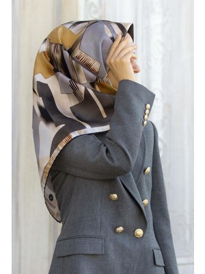 Vissona %100 Twill Ipek Geometrik Desenli Gri - Bej Kabuğu Renkli 90X90 Eşarp Dikim Şekli : El Dikişi