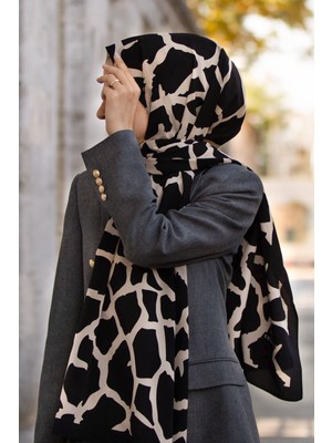 Vissona Lüks Medine Ipeği Taş Desenli Siyah - Bej Renkli 75X195 Kırışmaz Şal Moss Krep Dikiş Tipi Italyan Dikişli