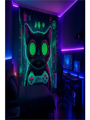 Alamodecor Yeşil Pembe Gamer Kedi Model Tek Kanat Genç Odası Fon Perde