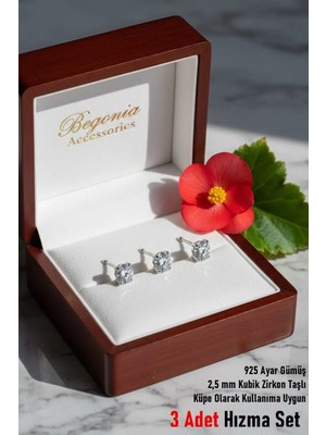 Begonia Accessories 925 Ayar Gümüş Yuvarlak Kesim Minimal Zirkon Taşlı 3 Adet Hızma Set – Tragus Küpe, Unisex Takı, Zarif & Şık Tasarım, Günlük ve Özel Gün Kullanımı