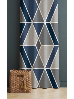 Alamodecor Mavi Gri Geometrik Desen Tek Kanat Oturma Odası Salon Fon Perde