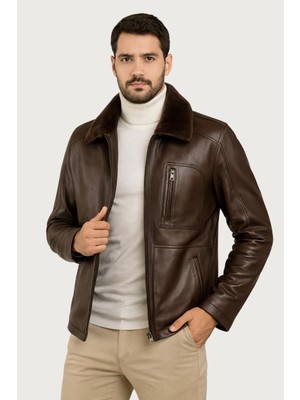 Derije Carlos Hakiki Deri Erkek Kestane Seyyar Kürk Yaka Ceket-Mont