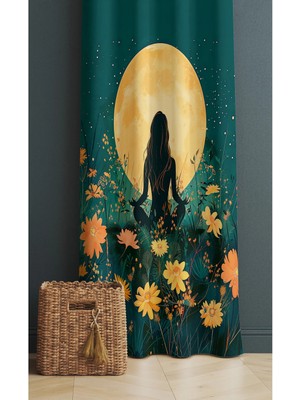 Alamodecor Yoga Yapan Ay Kadın Model Çiçekli Tek Kanat Genç Odası Fon Perde