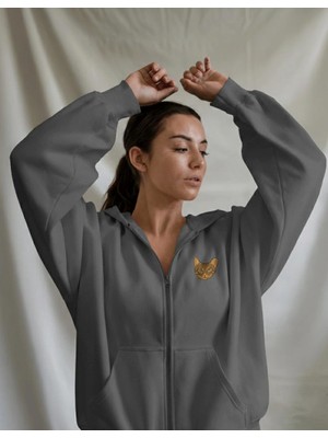 Muhtar Store Kadın Tekir Kedisi Baskılı Tam Boy Fermuarlı Oversize Hoodie
