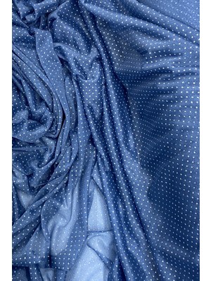 İsmiyle Al Yağmur Damlası Simli Abiye Elbise Şallık Tül Kumaş Indigo Mavi 89