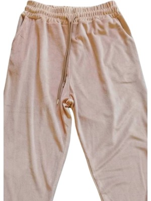 İsmiyle Al Parlak Kadife Cepli Pantolon Eşofman Pijama Altı Unisex Lastikli Paça Bej