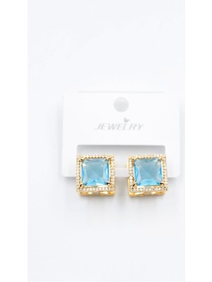 İsmiyle Al Kare Taşlı Küpe - Turkuaz