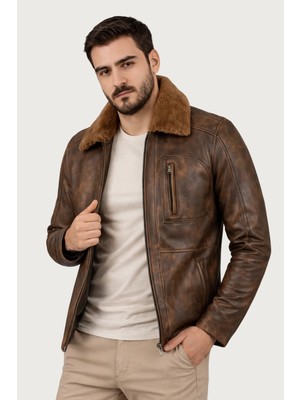 Derije Carlos Hakiki Deri Erkek Vintage Seyyar Kürk Yaka Mont