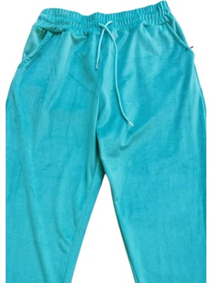 İsmiyle Al Parlak Kadife Cepli Pantolon Eşofman Pijama Altı Unisex Lastikli Paça Yeşil
