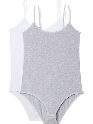 İsmiyle Al 2 Adet Ip Askılı Kadın Çıtçıtlı Body Beyaz ve Gri