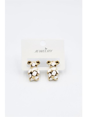 İsmiyle Al Mineli Ayıcık Küpe - Beyaz