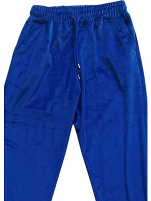 İsmiyle Al Parlak Kadife Cepli Pantolon Eşofman Pijama Altı Unisex Lastikli Paça Mavi