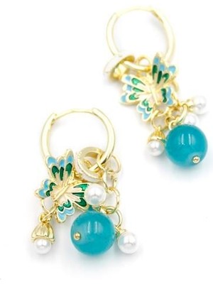 İsmiyle Al Boncuklu Kelebek Küpe - Turkuaz