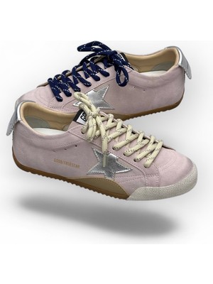 Globalux Golden Goose True-Star In Pastel Pink Suede With Silver Star And Heel Tab - Kadın Sneakers - Pembe Süet - Renkli Bağcık