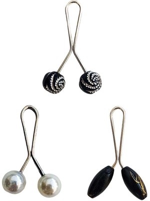 İsmiyle Al 3 Adet Tesettür Eşarp ve Şal Klipsi Inci Beyaz Siyah Siyah Desenli