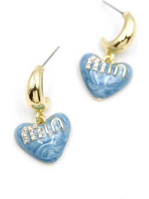 İsmiyle Al Mineli Kalp Küpe - Mavi