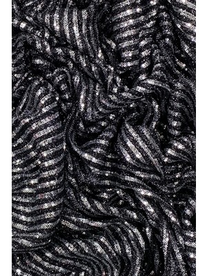 İsmiyle Al Sakallı Çizgili Pullu Kumaş  Pullu Payet Kumaş Abiye Nişan Düğün Siyah