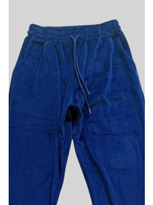 İsmiyle Al Parlak Kadife Cepli Pantolon Eşofman Pijama Altı Unisex Lastikli Paça Lacivert