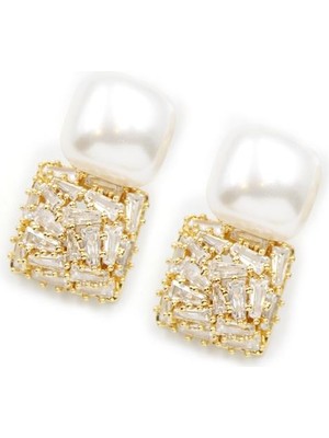 İsmiyle Al Inci Baget Taşlı Küpe - Altın