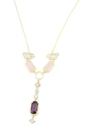 İsmiyle Al Pembe Taşlı Kolye - Altın