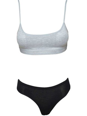 İsmiyle Al Pedli Ip Askılı Yarım Atlet Büstiyer Külot Takım Gri Siyah