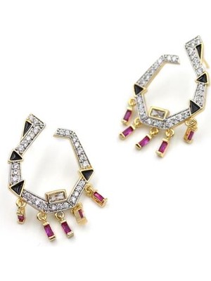 İsmiyle Al Sallantılı Taşlı Küpe - Kırmızı