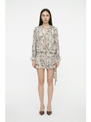 Quzu Desenli Volanlı Bağcık Detay Bluz Bej