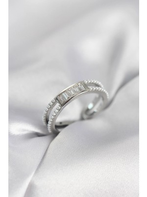 Flamex Baget Zirkon Taşlı Gümüş Renk Incili Kadın Yüzük