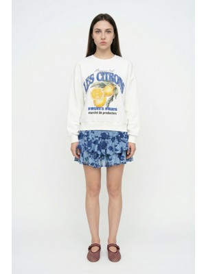 Quzu Çiçek Desenli Volanlı Mini Etek Mavi