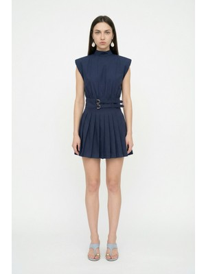 Quzu Vatkalı Dik Yaka Pileli Mini Elbise Lacivert