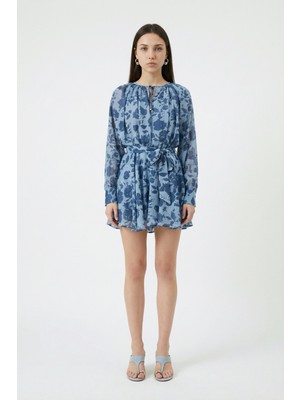 Quzu Çiçek Desenli Bağcıklı Mini Elbise Mavi