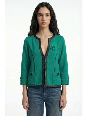 Sementa Suni Deri Biyeli Yün Triko Ceket - Yeşil - Siyah