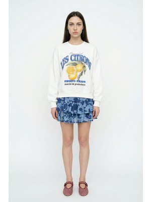 Quzu Limon Baskılı Bisiklet Yaka Oversize Sweatshirt Ekru