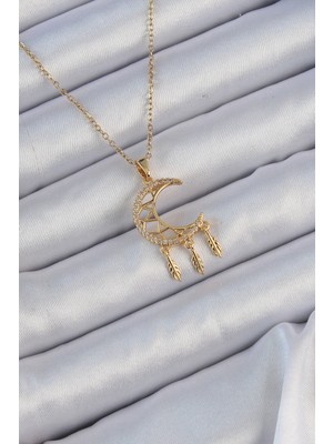 Flamex 316L Çelik Zincir Altın Renk Işlemeli Zirkon Taşlı Ay Kolye