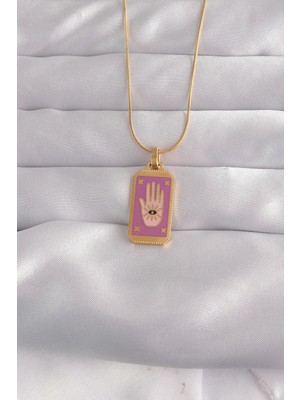 Flamex 316L Çelik Gold Renk Mor Mineli El Figür Tarot Kolye