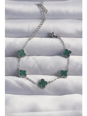 Flamex 316L Çelik Baby Boy Gümüş Renk Çizgili Yeşil Mineli Yonca Bileklik